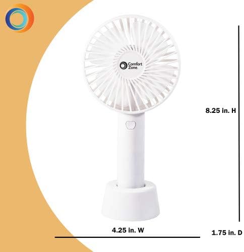 Comfort Zone Personal Handheld Rechargeable Fan, 4 inch, 3 Speed, Lithium Ion Battery, Micro USB Cable, Powerful, Mini Hand Fan, Ideal for Home, Bedroom & Office, CZPF402WT