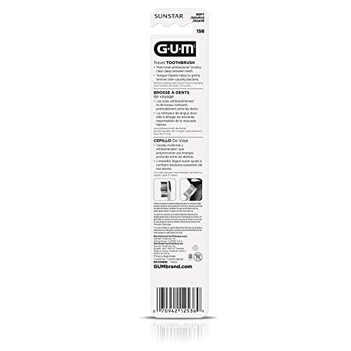 GUM Folding Travel Toothbrush, Compact Head + Tongue Cleaner, Soft Bristled Travel Toothbrushes for Adults, 2ct (Pack of 2)