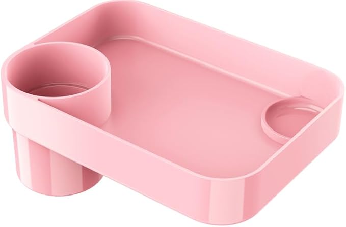 Toddler Car Seat Snack Tray - 3 Inch Cup Holder with Dip Well Fits Most Sippy Cups & Straw Bottles, Mess-Free Square Kids Travel Tray Road Trip Essentials, Pink