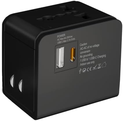 TSIM Universal Travel Adapter 20W 6A, 1 USB-A, 1 USB-C Ports All In One International Power Adapter Plug For USA EU UK AU Wall Charger Quick Charge European Plug Worldwide Travel Essentials | CE, RoHS
