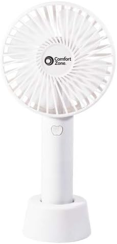 Comfort Zone Personal Handheld Rechargeable Fan, 4 inch, 3 Speed, Lithium Ion Battery, Micro USB Cable, Powerful, Mini Hand Fan, Ideal for Home, Bedroom & Office, CZPF402WT
