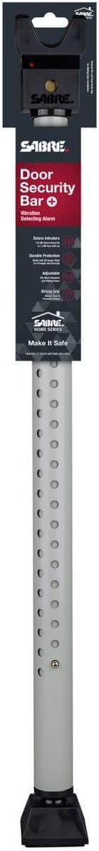 SABRE Adjustable Door Security Bar with Vibration Detecting Alarm, 115dB Alarm Audible Up To 1,100 Ft (335 m), Adjusts To Fit Most Hinged & Sliding Doors, Rubberized Foot for Strong Grip, Collapsible