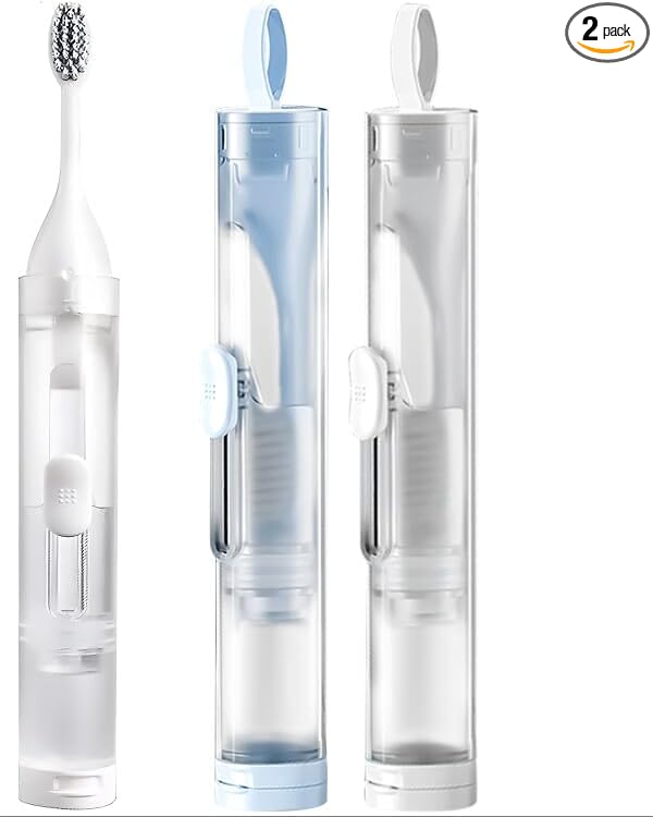 2 Pcs Travel Toothbrush Kit Fold Built-in Toothbrushes Set, Soft Bristles for Travel Camping School Business Trip (Blue, White)