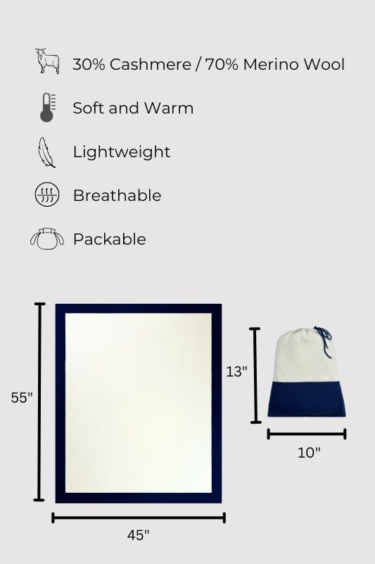 Jet&Bo Luxurious Cashmere Merino Blend Travel Blanket, Airplane-Ready Cashmere Travel Throw in Packable Pouch, Soft, Lightweight and Breathable 55"x45" (White and Navy)