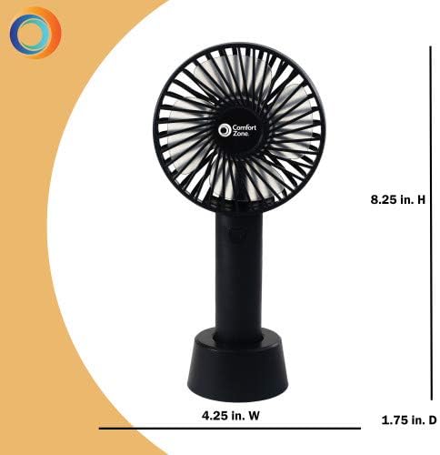 Comfort Zone Personal Handheld Rechargeable Fan, 4 inch, 3 Speed, Lithium Ion Battery, Micro USB Cable, Powerful, Mini Hand Fan, Ideal for Home, Bedroom & Office, CZPF402BK
