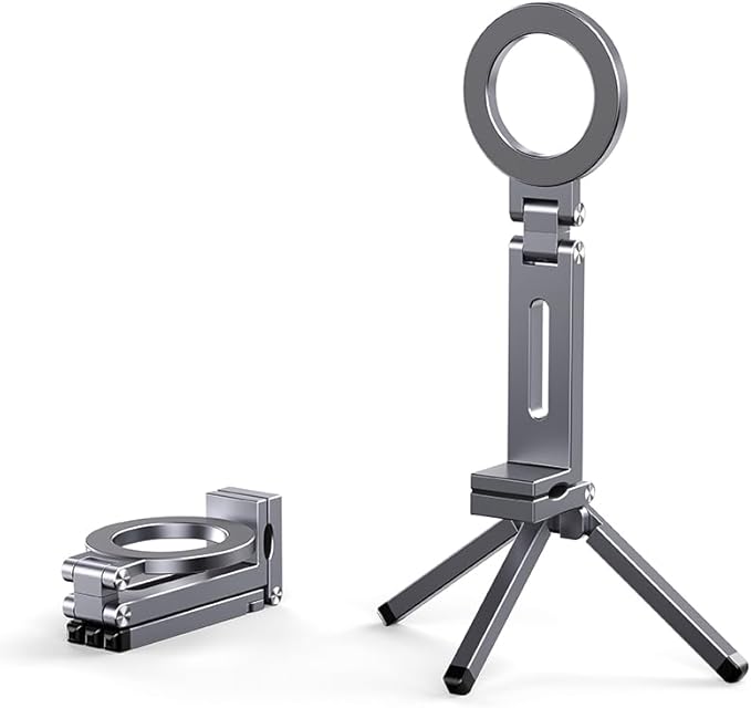 360° Rotation Magnetic Phone Stand with Tripod,Portable and Foldable Aluminium Alloy Phone Holder,Suitable for iPhone and All Mobile Phones,Essential Items for Flying or Traveling（Gray）