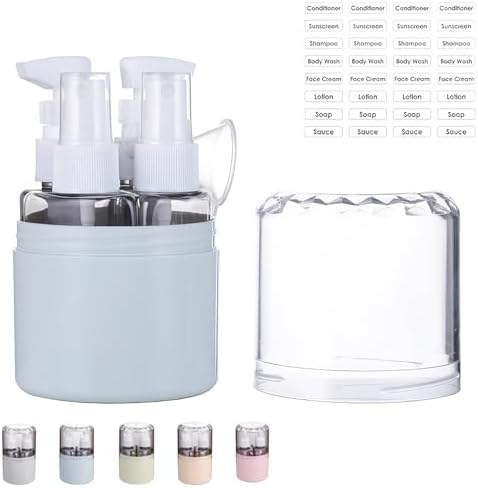 CLOUDEMO Mini Shampoo Dispenser Portable Travel Bottle Set, 2-in-1, 3-in-1, 4-in-1 Mini Dispenser Portable Travel Set, Leak Proof Refillable Travel Containers with Labels (Blue,4 in 1)
