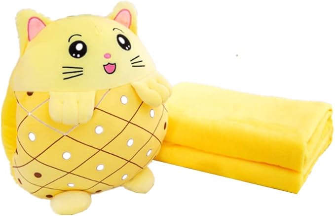 YUDONG Kids Stuffed Animal Travel Blanket and Pillow Set, Adorable 3 in 1 Multifunctional Fruit Plush Pillow with Hand Warmer Design, Perfect for Travel, Camping, Car, Home and Office (Yellow)