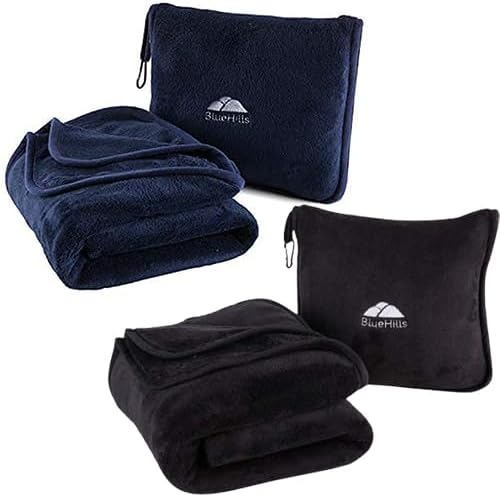 BlueHills Soft Long Travel Blankets 70X48 inches Large Plush Value Pack Set of 2 - Premium Airplane Travel Essential Flight Blanket Throw in a case Compact Plane Travel Gift – Navy Blue and Black