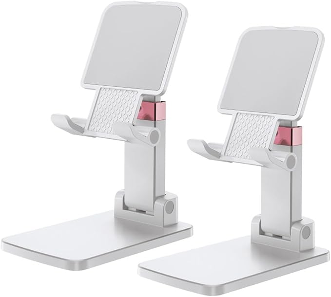 Phone Stand for Desk, Cell Phone Holder Adjustable Office Cellphone Stand for Desk Adjustable Tablet Stands Compact Design for iPhone iPad Android Devices Under 12", White,2Pack