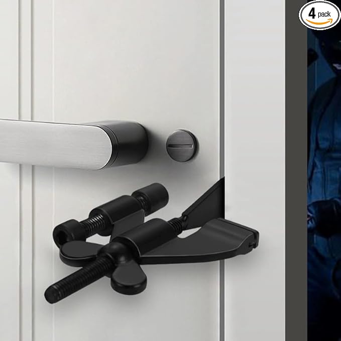 INIRET 4 Pack Black Adjustable Heavy Duty Portable Door Lock,Security Device for Enhanced Safety,for Home,Travel,Hotels,Apartments Prevents Unauthorized Entry,No Drill,Silicone Protector Caps Included