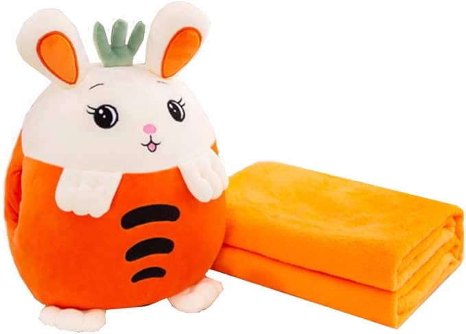 YUDONG Kids Stuffed Animal Travel Blanket and Pillow Set, Adorable 3 in 1 Multifunctional Fruit Plush Pillow with Hand Warmer Design, Perfect for Travel, Camping, Car, Home and Office (Orange)
