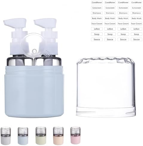 CLOUDEMO Mini Shampoo Dispenser Portable Travel Bottle Set, 2-in-1, 3-in-1, 4-in-1 Mini Dispenser Portable Travel Set, Leak Proof Refillable Travel Containers with Labels (Blue,2 in 1)