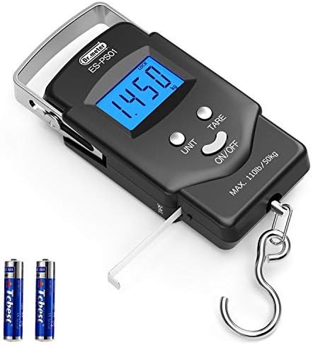 Dr.meter Fish Scale Luggage Scale Fishing Gear - 110lb Backlit LCD Display Digital Scale with Built-in Measuring Tape - Fishing Scale with 2 AAA Batteries, Pocket Size - Fishing Gifts for Men