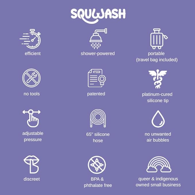Squwash® Portable Shower Douche, Patented Slip-On Connector with Silicone Tip & Hose – Shower-Powered Hygiene Tool with Travel Bag