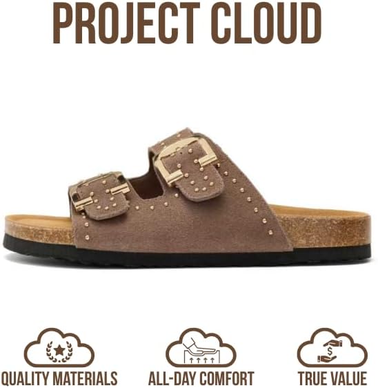 Project Cloud 100% Genuine Leather Flat Sandals For Women 2026 Cork Footbed Womens Sandals with Memory Foam and arch support Vacation Essentials Slides for Women Footwear (Venita)