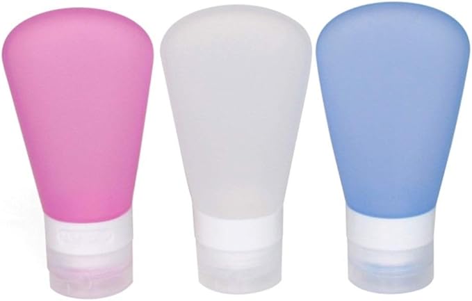 3 Pack Portable Food Grade Squeeze Silicone Liquid Travel Bottles For Shampoo, Conditioner, Lotion, Toiletries, condiments(2 OZ Pink + White + Blue)