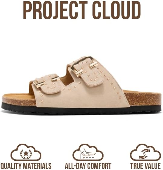Project Cloud 100% Genuine Leather Flat Sandals For Women 2026 Cork Footbed Womens Sandals with Memory Foam and arch support Vacation Essentials Slides for Women Footwear (Venita)