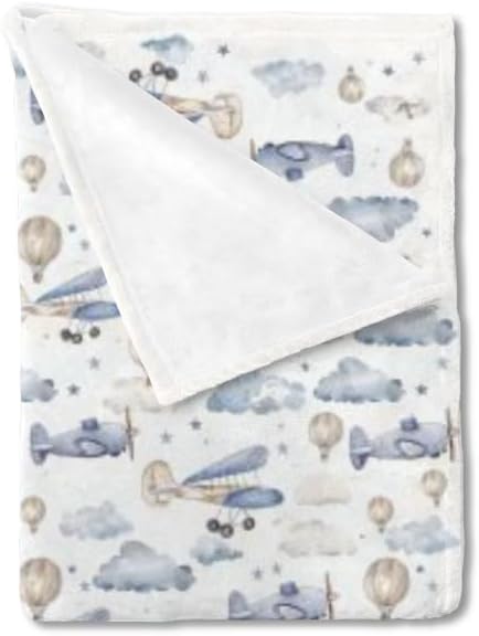Unisex Plane Hot Air Balloons Transportation Theme Baby Nursery Throw Gift Blanket for Boys Girls, Aircraft Clouds Stars Pattern Swaddle Receiving Bed Blanket for Newborn Toddlers Kids-30x40