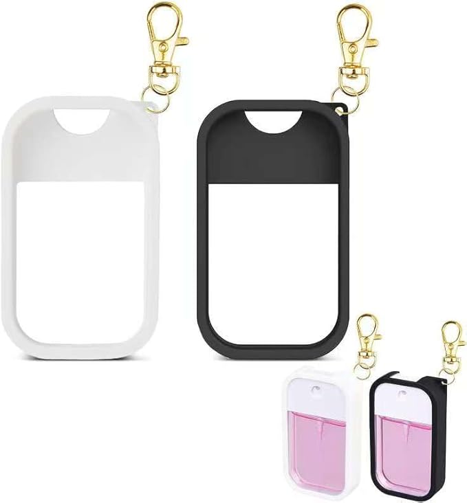 Deluxsa Silicone Case Compatible with Touchland Hand Sanitizer Spray, Protective Case with Keychain for Power Mist and Glow Mist 1 fl oz, Hand Sanitizer Spray Accessory （White+Black 2Pack