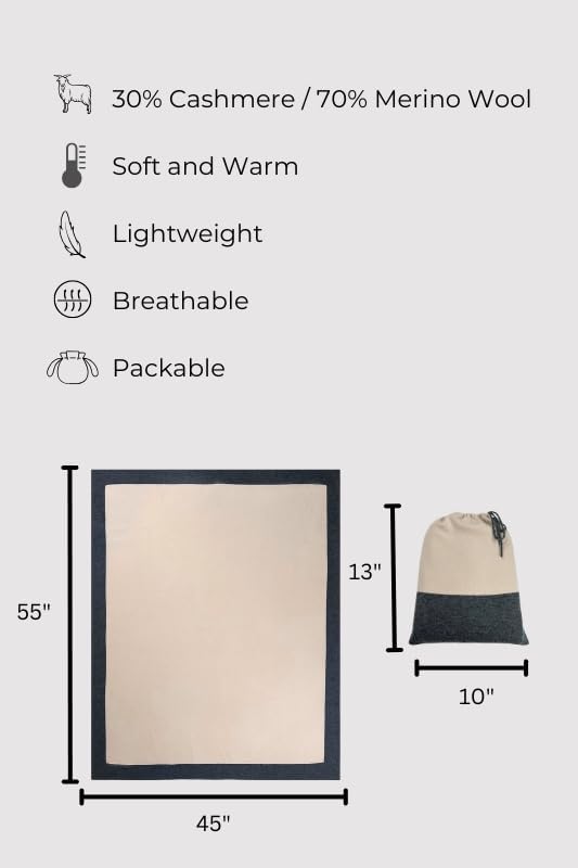 Jet&Bo Luxurious Cashmere Merino Blend Travel Blanket, Airplane-Ready Cashmere Travel Throw in Packable Pouch, Soft, Lightweight and Breathable 55"x45" (Pink and Gray)