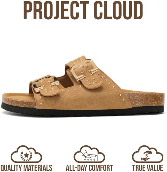 Project Cloud 100% Genuine Leather Flat Sandals For Women 2026 Cork Footbed Womens Sandals with Memory Foam and arch support Vacation Essentials Slides for Women Footwear (Venita)
