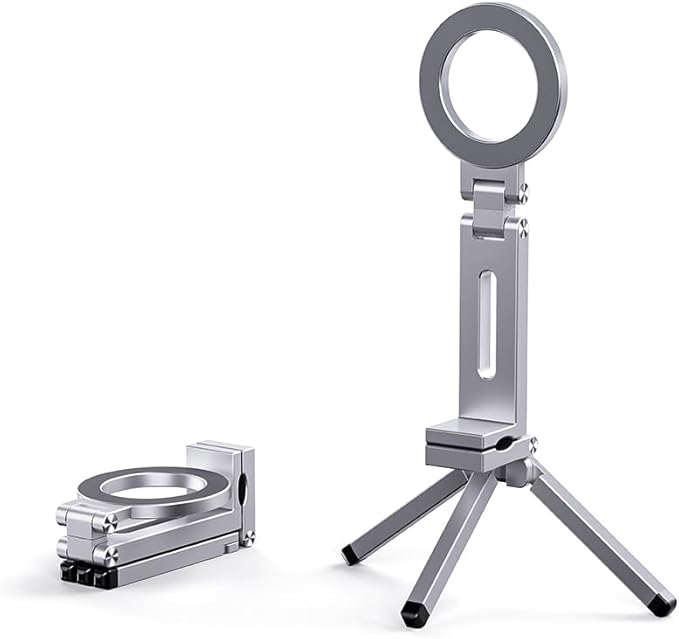 360° Rotation Magnetic Phone Stand with Tripod,Portable and Foldable Aluminium Alloy Phone Holder,Suitable for iPhone and All Mobile Phones,Essential Items for Flying or Traveling（Silver）