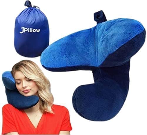 J-Pillow Travel Pillow + Carry Bag, (No Scarf) - Chin & Neck Support in Any Sitting Position, Travel Pillow for Aeroplane - (Blue)