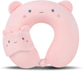 Kids Neck Pillow for Travel with Sleep Eye Mask, Cute Travel Neck Pillow, Memory Foam Flight Sleeping Headrest Pillow for Boys & Girls, Airplane, Train, Car, Home Use - Peach Bear