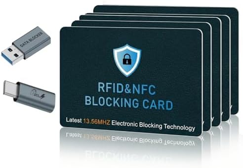 RFID Blocking Card, Debit Credit Card Protector RFID data blocker Card, Protects entire wallet, Anti-Theft Contactless RFID/NFC Blocker, with usb data blocker, (7-Pack)