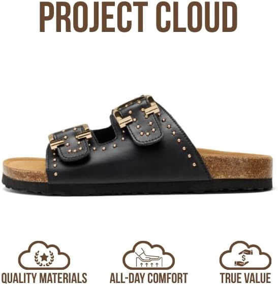 Project Cloud 100% Genuine Leather Flat Sandals For Women 2026 Cork Footbed Womens Sandals with Memory Foam and arch support Vacation Essentials Slides for Women Footwear (Venita)