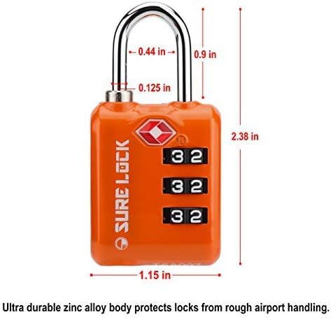SURE LOCK TSA Approved 3 Digit Luggage Locks With Zinc Alloy Body and Hardened Steel Shackle To Lock Travel Suitcase