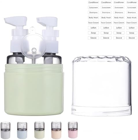CLOUDEMO Mini Shampoo Dispenser Portable Travel Bottle Set, 2-in-1, 3-in-1, 4-in-1 Mini Dispenser Portable Travel Set, Leak Proof Refillable Travel Containers with Labels (Green,2 in 1)