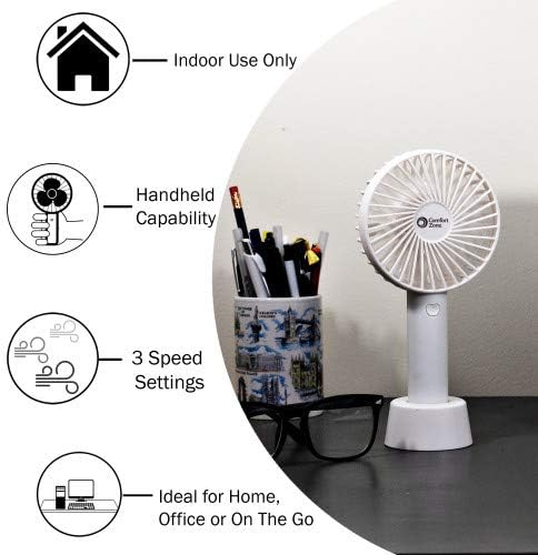 Comfort Zone Personal Handheld Rechargeable Fan, 4 inch, 3 Speed, Lithium Ion Battery, Micro USB Cable, Powerful, Mini Hand Fan, Ideal for Home, Bedroom & Office, CZPF402WT