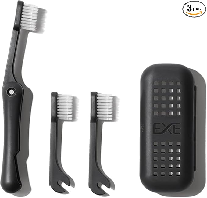 Minibox Folding Travel Toothbrush with Dual-Length Bristles & Case, Compact Mini Design for Business Trips, Camping, and Outdoor Activities, 1 Pack with 2 Extra Replaceable Brush Heads, Black