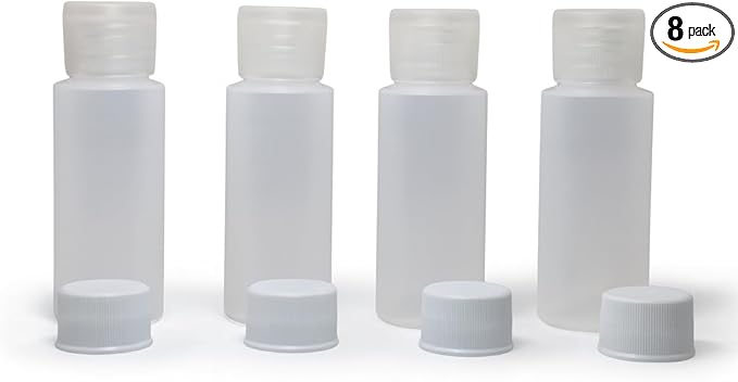 2oz 8-Pieces TSA Approved Translucent Squeeze Bottles with Flip Cap & Extra Screw Caps, Leak Proof, FDA Compliant. Safe for Premium Costmetic, Shampoo, Conditioner DIY projects and Camping.