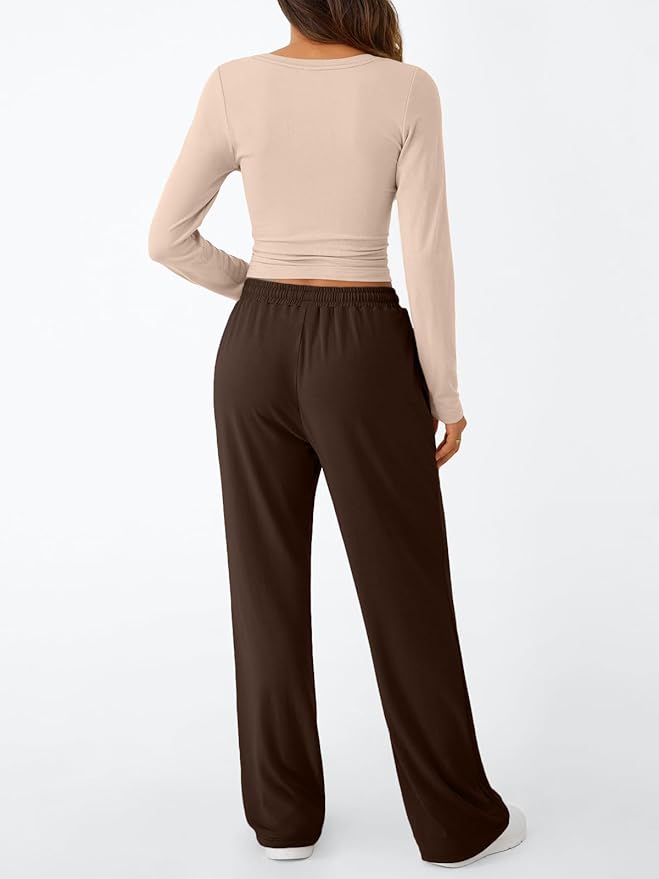 Trendy Queen Women's 2 Piece Matching Lounge Set Long Sleeve Side Ruching Top Wide Leg Drawstring Pants Set with Pockets