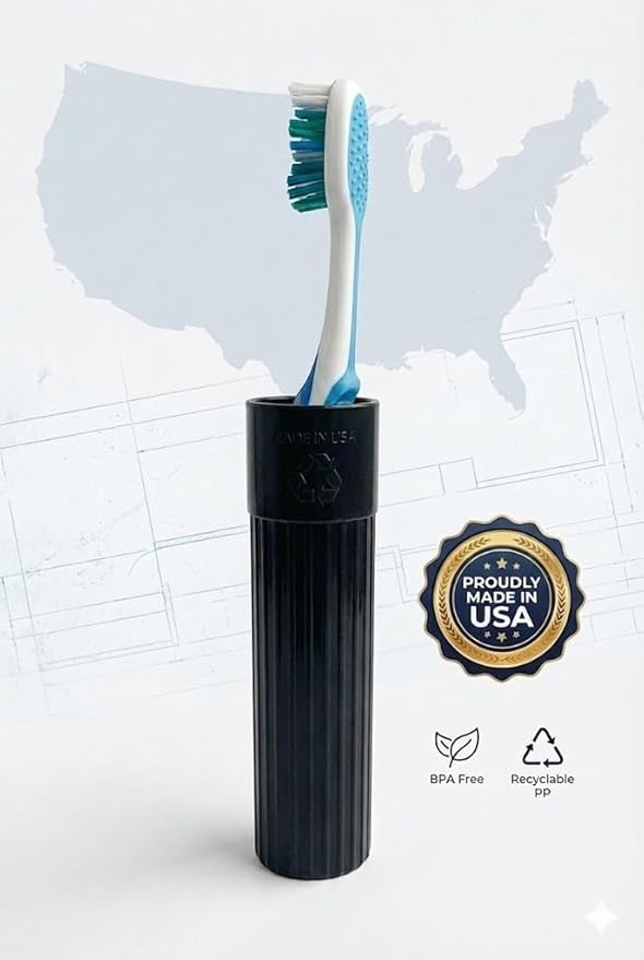American Comb Toothbrush Holder - Black, Made in USA, with Ventilation Holes, for Toothbrush Covers, Toothbrush Holder, Toothbrush Soft, Durable Design, Hygienic Bathroom Accessory