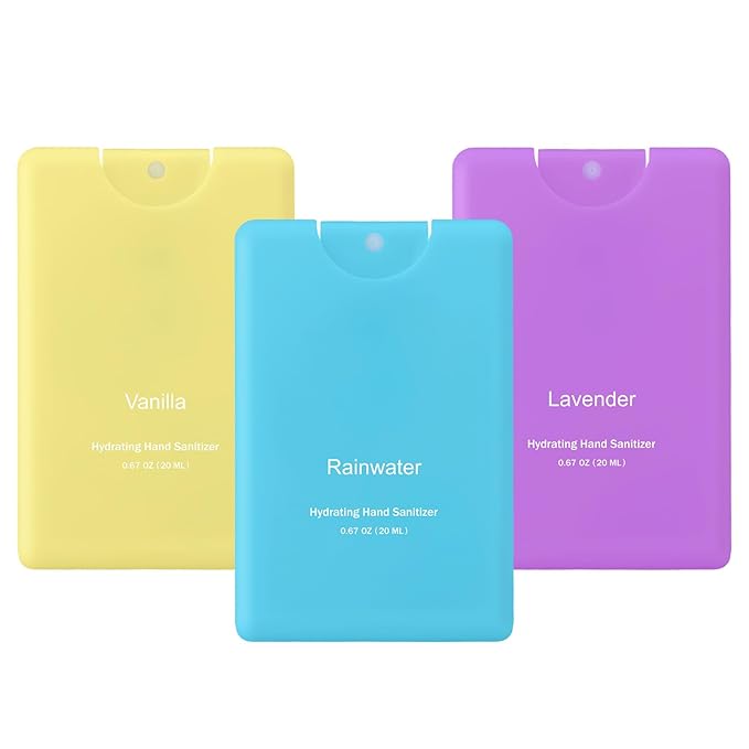 Set of 3 Power Mist Hydrating Hand Sanitizer Spray Bulk Travel Size Effective Hand Sanitizer 0.67 Fl. oz Compact Card Spray Bottle Lavender Vanilla Rainwater Scent for Friend Family Teacher