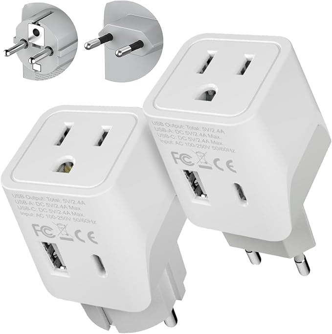 Ceptics European Travel Plug Adapter – Compact Type C & F Adapter with USB-C & A + USA Input – Safe Grounded Schuko Adapter – Travel Charger for France, Germany & More – CTU-9-9C-PK