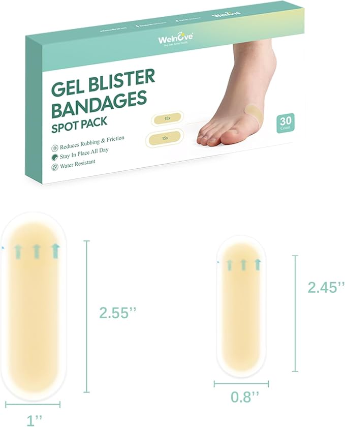 Welnove Gel Blister Bandages for Feet - 30ct Blister Cushion for Heel, Toe - Water-Resistant Hydrocolloid Bandages - Blister Pads for Prevention & Recovery (Spot Pack)