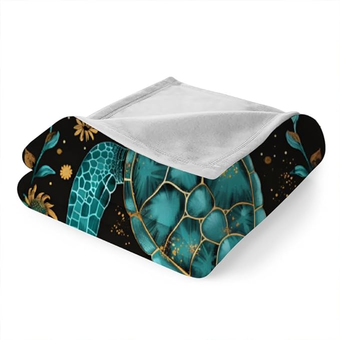 Sea Turtle Blanket Queen Size, Yellow Sunflowers Fleece Blanket for Couch Bed Sofa, Ocean Floral Blankets and Throws, Marine Reptile Super Soft Cozy Plush Flannel Blanket 90x90, Decor & Gift