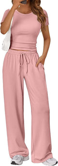 Trendy Queen 2 Piece Matching Summer Lounge Set Womens Side Ruching Top Wide Leg Pants Sets with Pockets