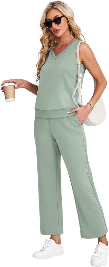 WIHOLL Two Piece Set for Women Summer Outfits Vacation Trendy Lounge Sets V Neck Matching Sets