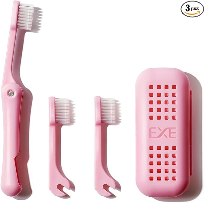 Minibox Folding Travel Toothbrush with Dual-Length Bristles & Case, Compact Mini Design for Business Trips, Camping, and Outdoor Activities, 1 Pack with 2 Extra Replaceable Brush Heads, Pink