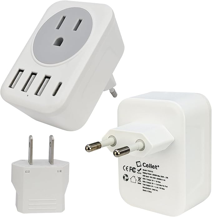 European Travel Plug Adapter USB C, Cellet International Plug Adapter with 1 AC Outlets and 4 USB Ports, Type-C Power Adaptor Charger for US to Most of Europe Iceland Spain Italy France Germany