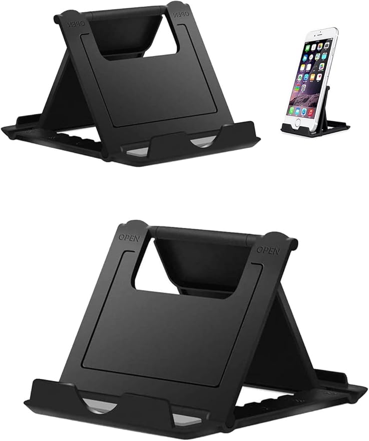 Portable Cell Phone Stand Holder for Desk, 【2 Pack】 Foldable Pocket-Sized Adjustable Mount, Universal Desktop Kickstand Compatible with iPhone, iPad, Kindle & Android Devices - Black & Black