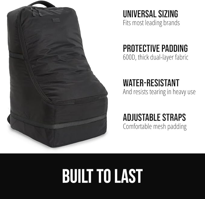 GORILLA GRIP Tear and Water Resistant Padded Car Seat Travel Bag for Airplane and Airport, Universal Fit Baby Carseat Bags, Holds Up to 50lbs, Handle & Shoulder Straps, Air Gate Check Carrier, Black