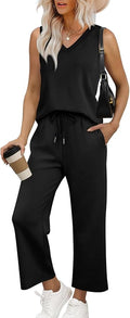 WIHOLL Two Piece Set for Women Summer Outfits Vacation Trendy Lounge Sets V Neck Matching Sets