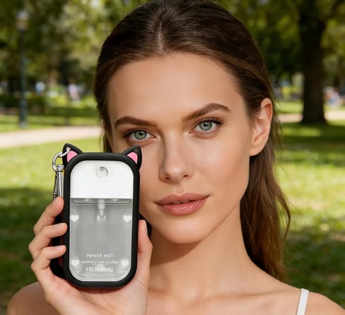Portable Silicone Case Compatible with Touchland Hand Sanitizer 1 FL OZ / 30ML, Cute Cat-Shaped Case with 8 Charms and Keychain, Hand Sanitizer Spray Accessory, Gift for Women And Teens. (Black cat)